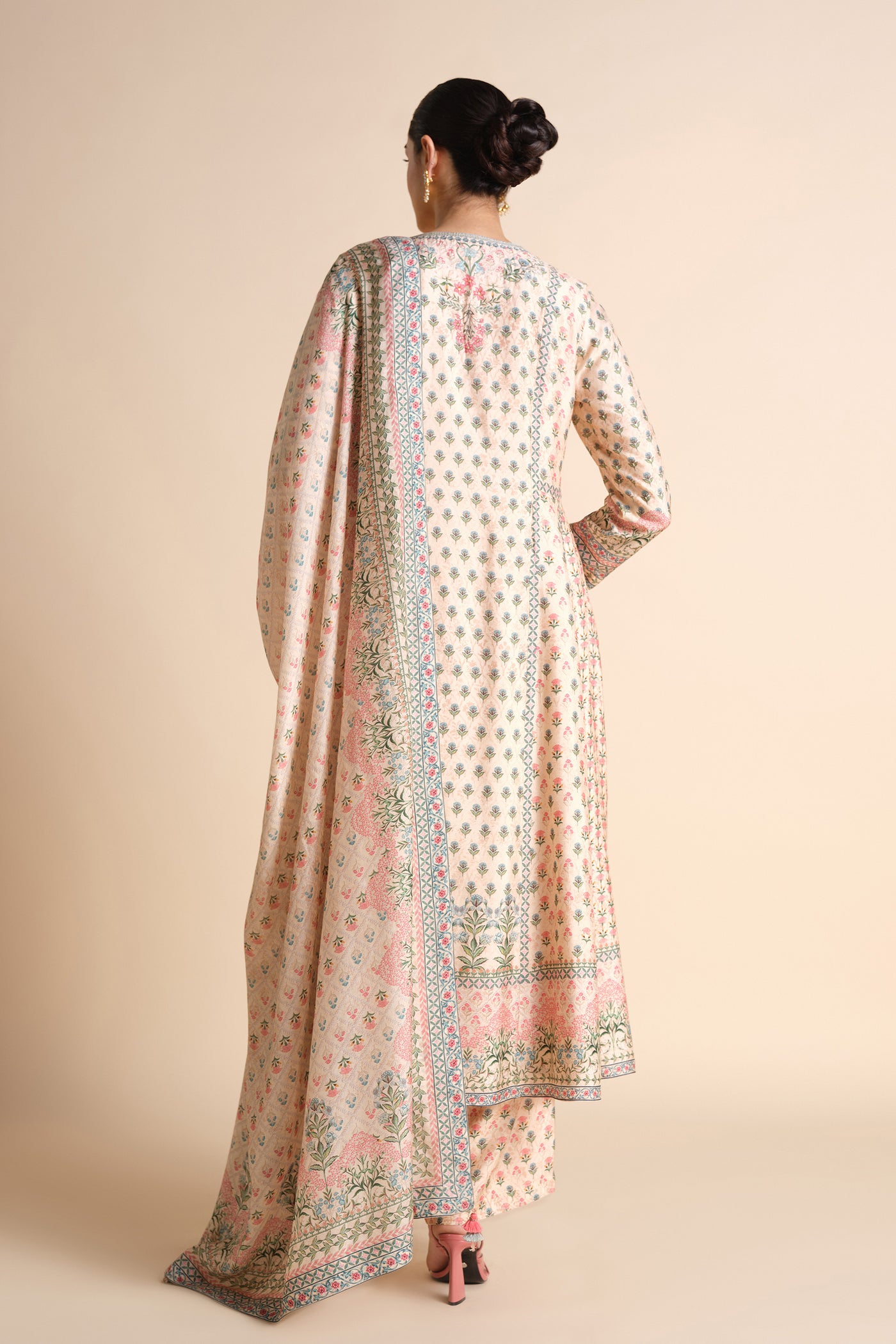 Anita Dongre Indivarini Printed Silk Anarkali Ivory indian designer wear online shopping melange singapore