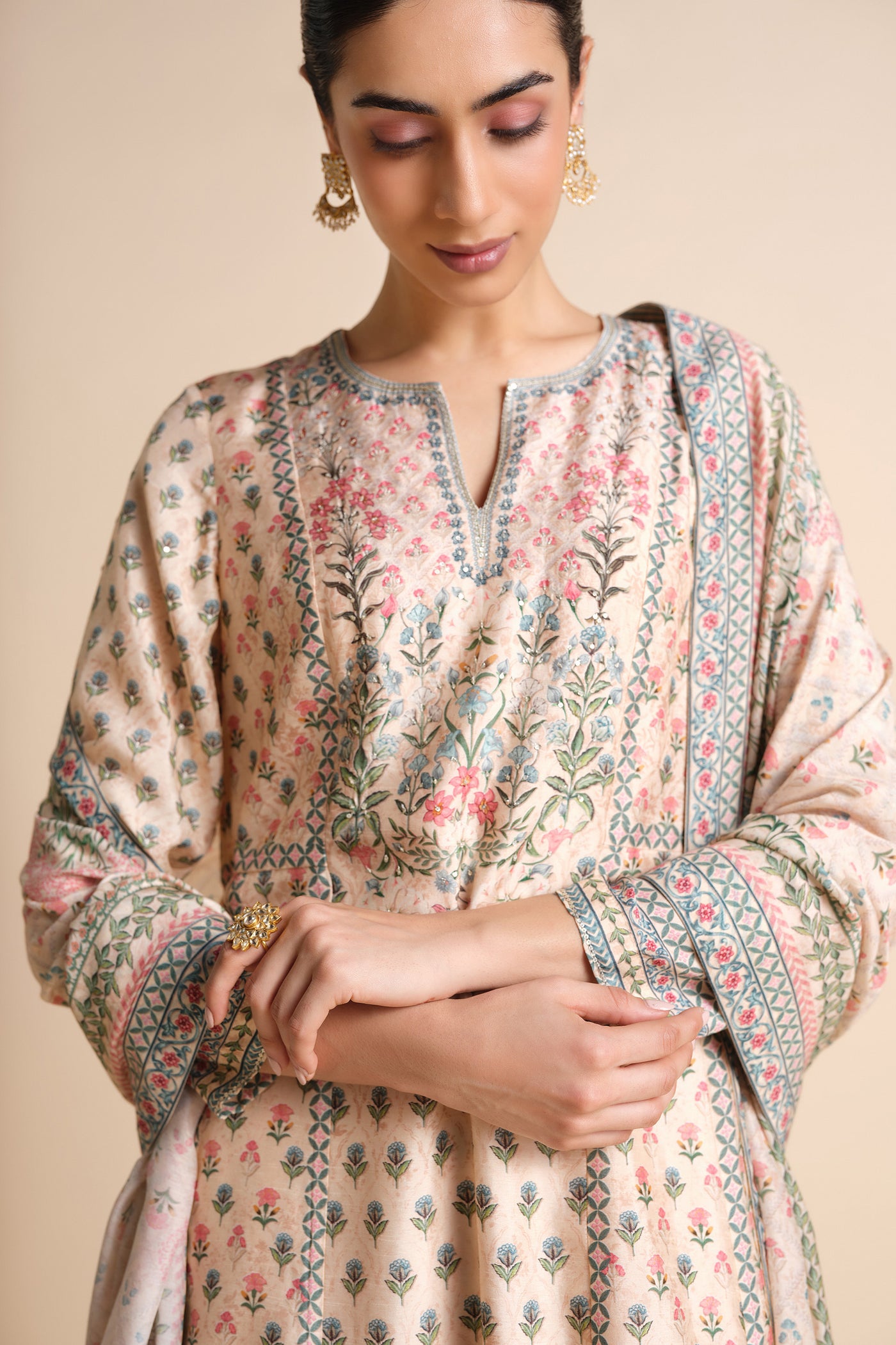 Anita Dongre Indivarini Printed Silk Anarkali Ivory indian designer wear online shopping melange singapore