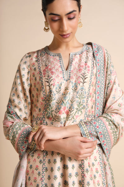 Anita Dongre Indivarini Printed Silk Anarkali Ivory indian designer wear online shopping melange singapore