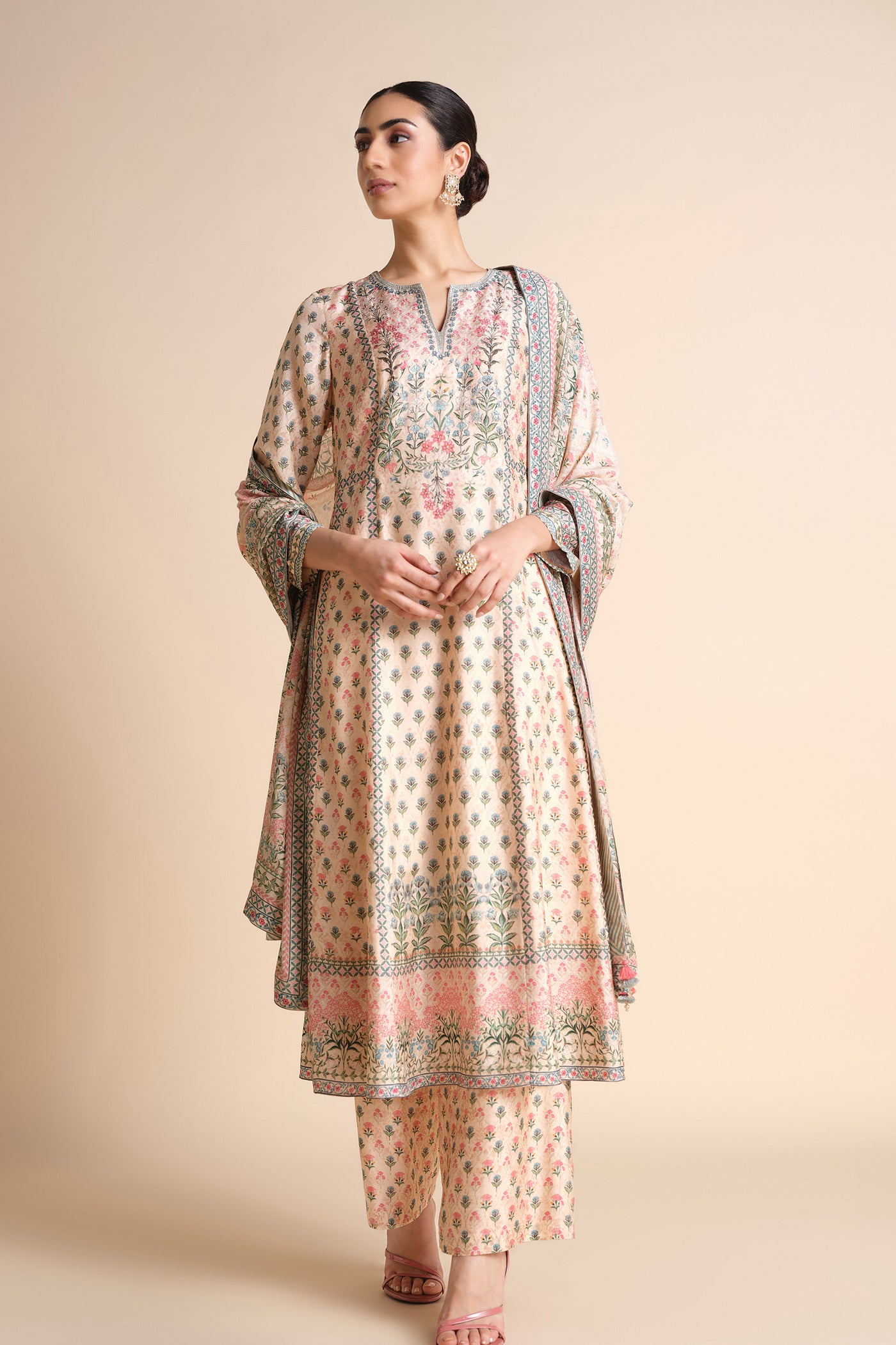 Anita Dongre Indivarini Printed Silk Anarkali Ivory indian designer wear online shopping melange singapore
