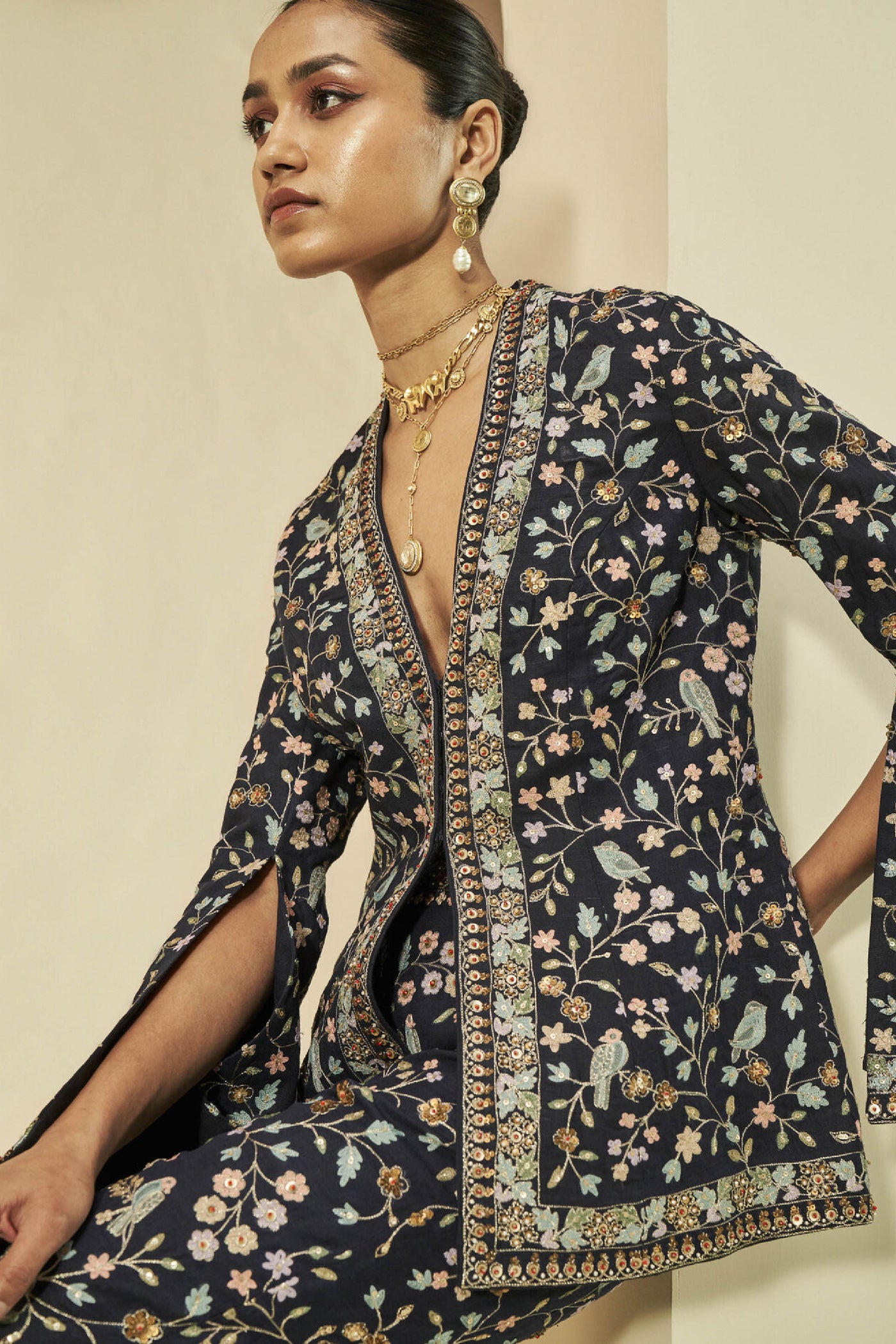 Anita Dongre Isra Zardozi Embroidered Silk Jacket Set Black indian designer wear online shopping melange singapore