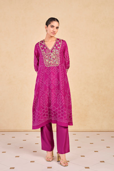 Anita Dongre Johona Handcrafted Bandhani Silk Kurta Set Purple
 indian designer wear online shopping melange singapore
