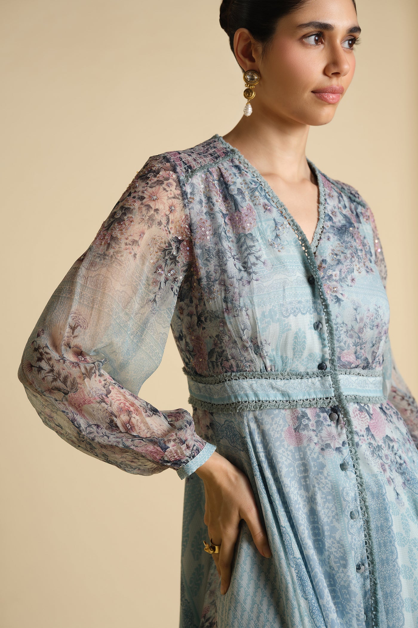 Anita Dongre Juri Printed Kaftan Powder Blue indian designer wear online shopping melange singapore