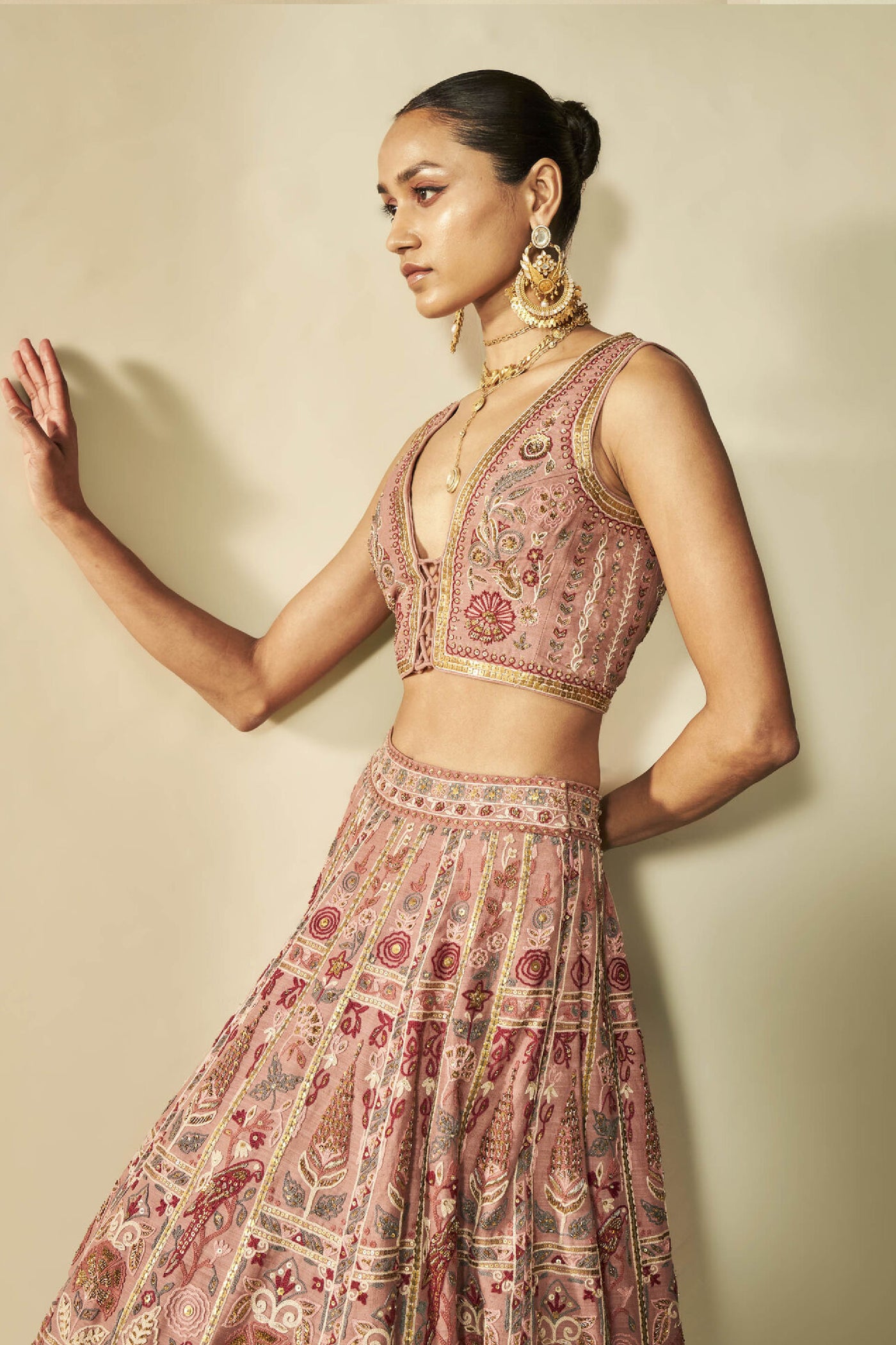 Anita Dongre Kaadhal Sewa Hand-embroidered Silk Skirt Set Old Rose indian designer wear online shopping melange singapore