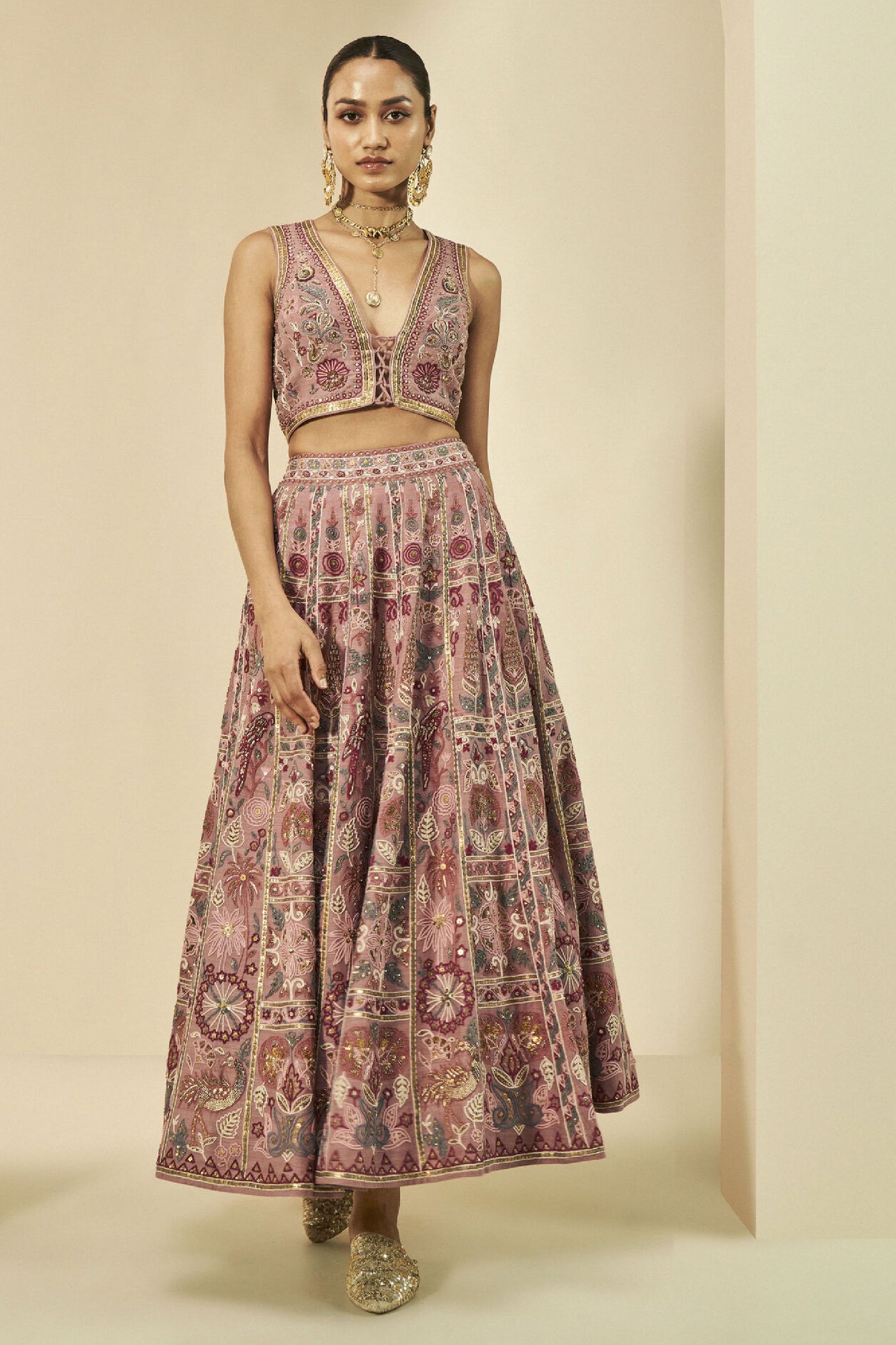 Anita Dongre Kaadhal Sewa Hand-embroidered Silk Skirt Set Old Rose indian designer wear online shopping melange singapore