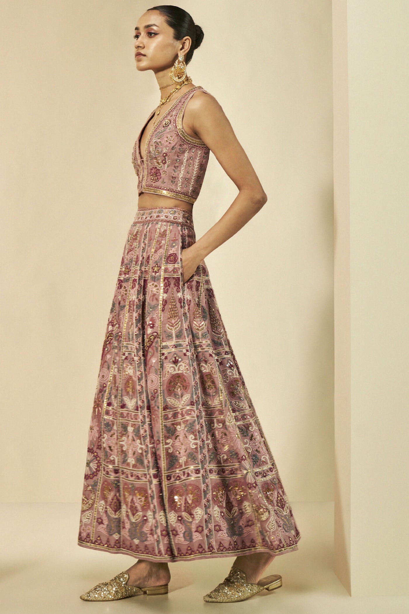 Anita Dongre Kaadhal Sewa Hand-embroidered Silk Skirt Set Old Rose indian designer wear online shopping melange singapore