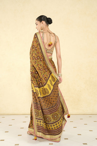 Anita Dongre Kasano Ajrakh Hand-block Printed Silk Saree Mustard indian designer wear online shopping melange singapore
