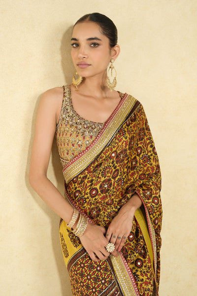 Anita Dongre Kasano Ajrakh Hand-block Printed Silk Saree Mustard indian designer wear online shopping melange singapore
