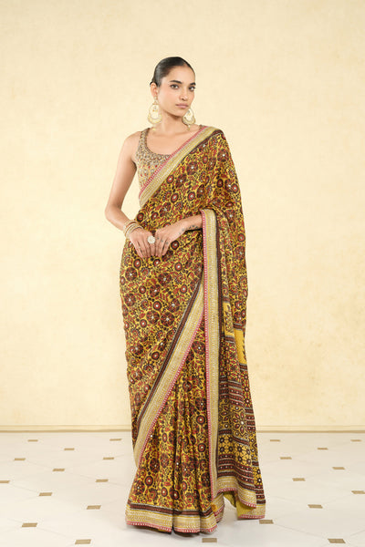 Anita Dongre Kasano Ajrakh Hand-block Printed Silk Saree Mustard indian designer wear online shopping melange singapore
