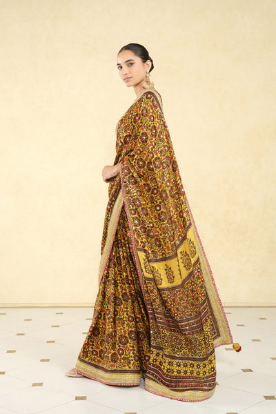 Anita Dongre Kasano Ajrakh Hand-block Printed Silk Saree Mustard indian designer wear online shopping melange singapore

