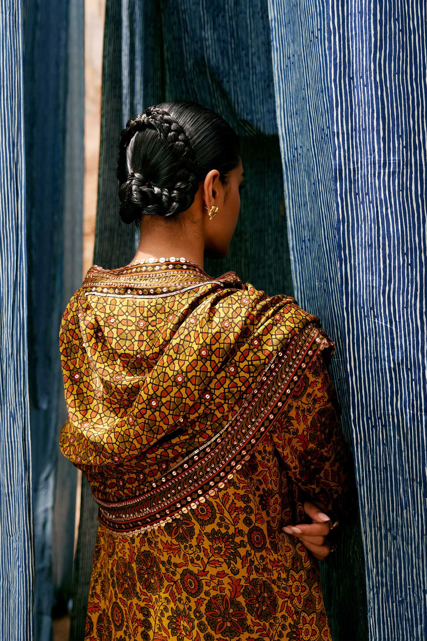Anita Dongre Kasano Ajrakh Hand-block Printed Silk Suit Set Mustard indian designer wear online shopping melange singapore