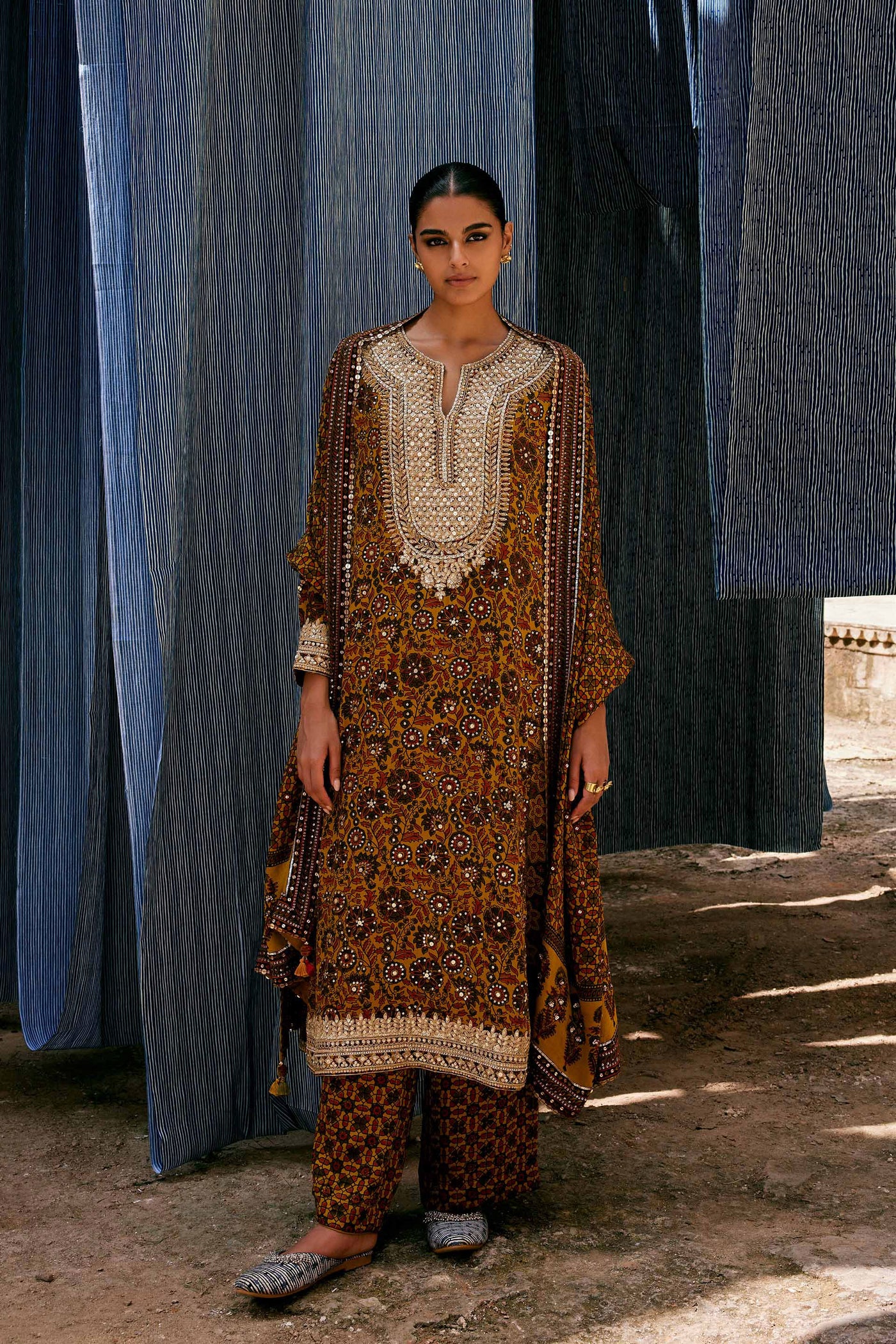 Anita Dongre Kasano Ajrakh Hand-block Printed Silk Suit Set Mustard indian designer wear online shopping melange singapore