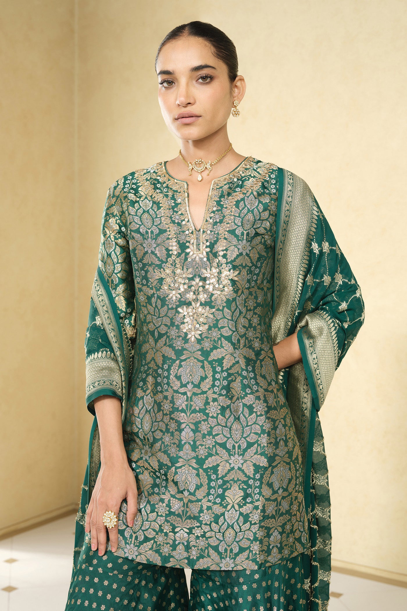 Anita Dongre Khevna Handwoven Benarasi Silk Sharara Set Green indian designer wear online shopping melange singapore