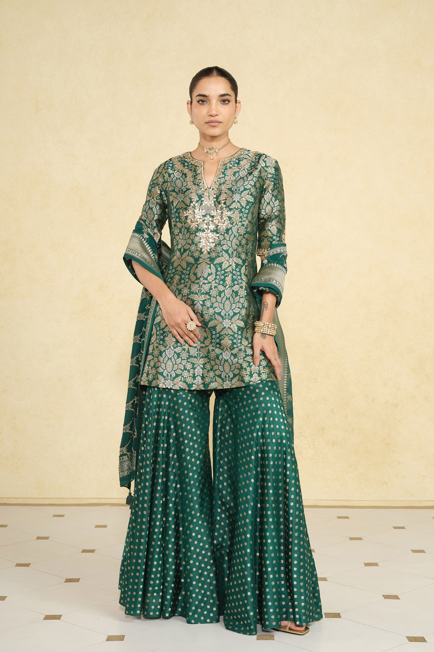 Anita Dongre Khevna Handwoven Benarasi Silk Sharara Set Green indian designer wear online shopping melange singapore