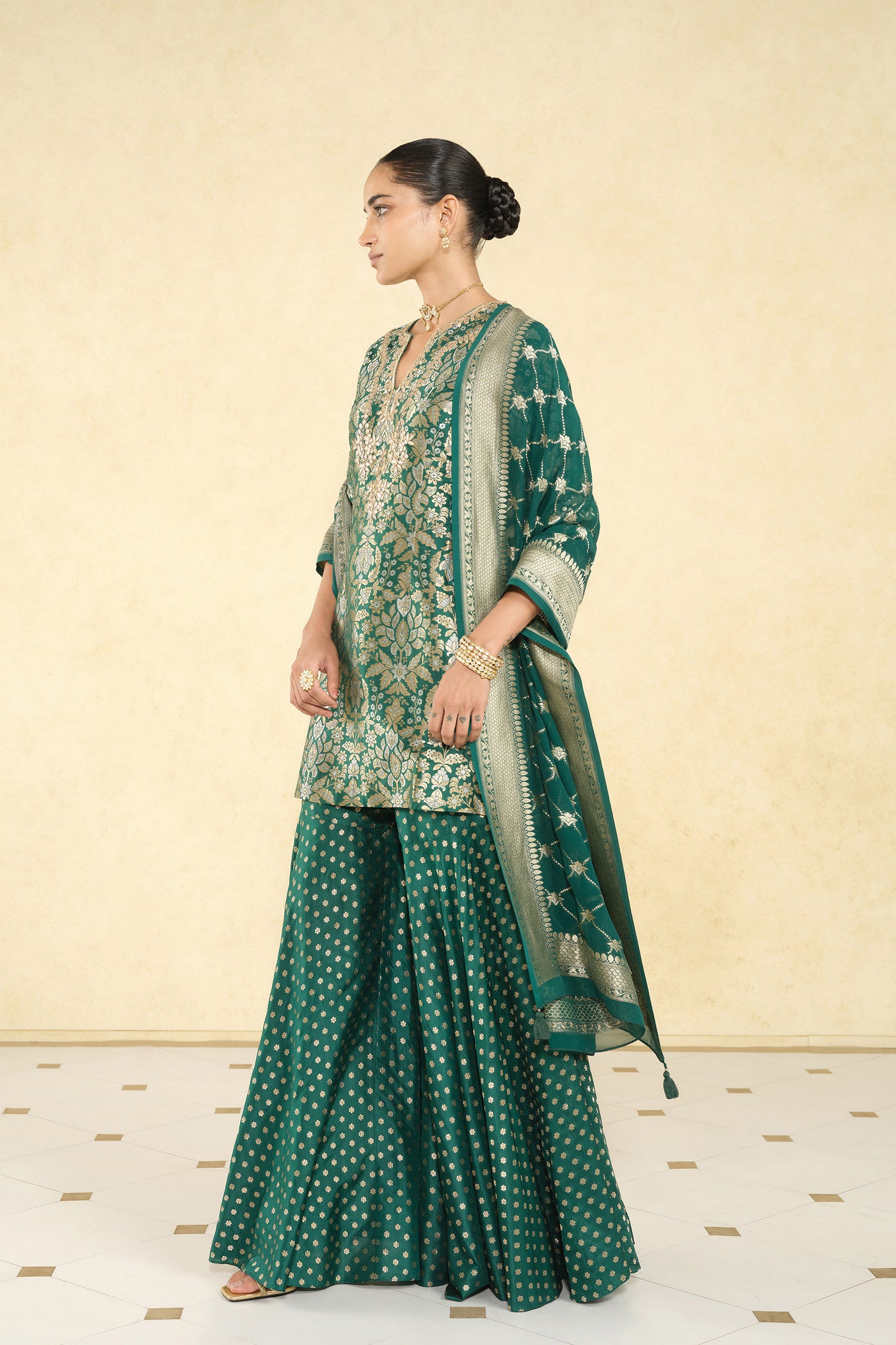 Anita Dongre Khevna Handwoven Benarasi Silk Sharara Set Green indian designer wear online shopping melange singapore