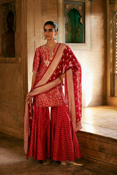 Anita Dongre Khevna Handwoven Benarasi Silk Sharara Set Red indian designer wear online shopping melange singapore
