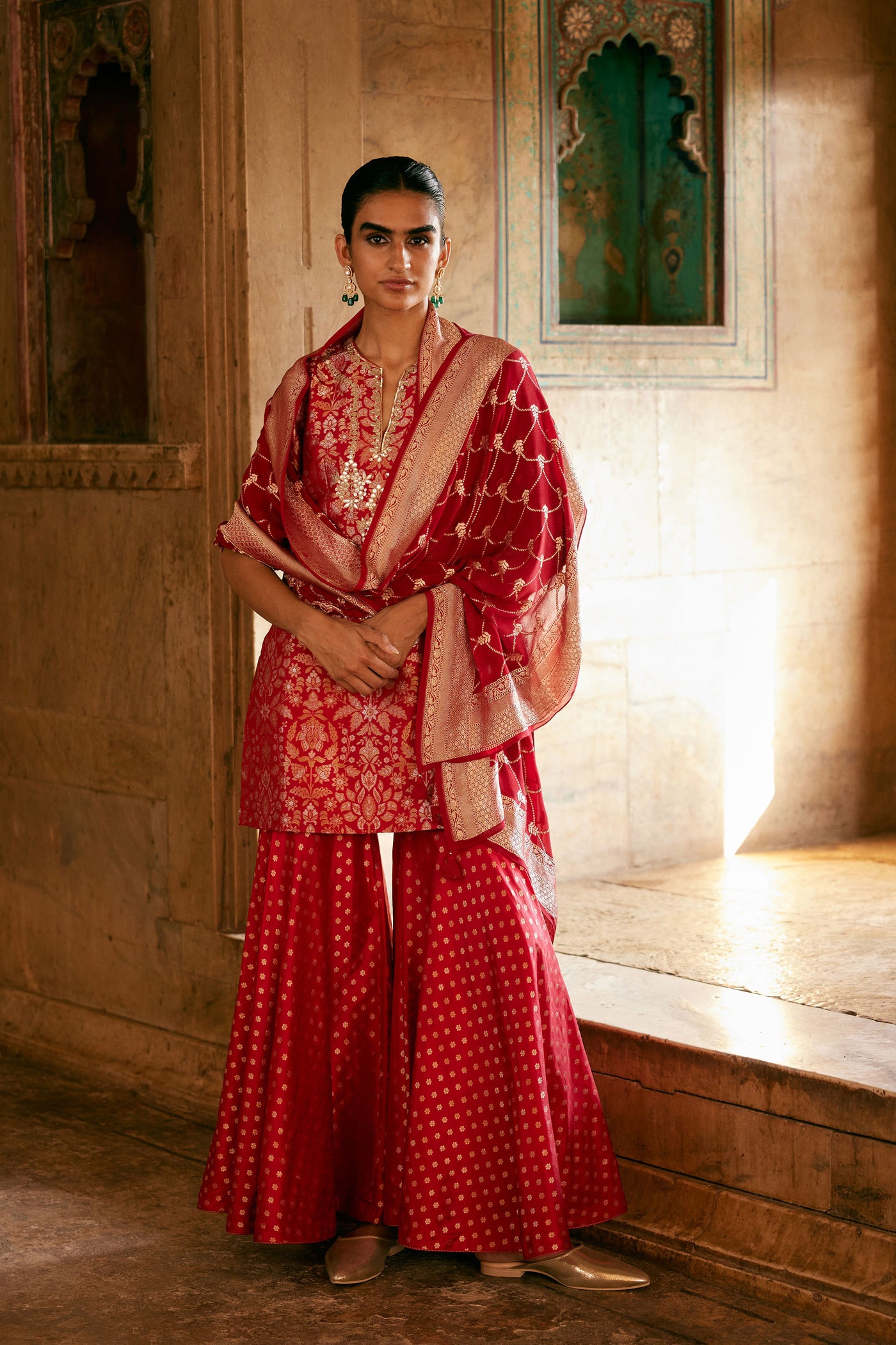Anita Dongre Khevna Handwoven Benarasi Silk Sharara Set Red indian designer wear online shopping melange singapore