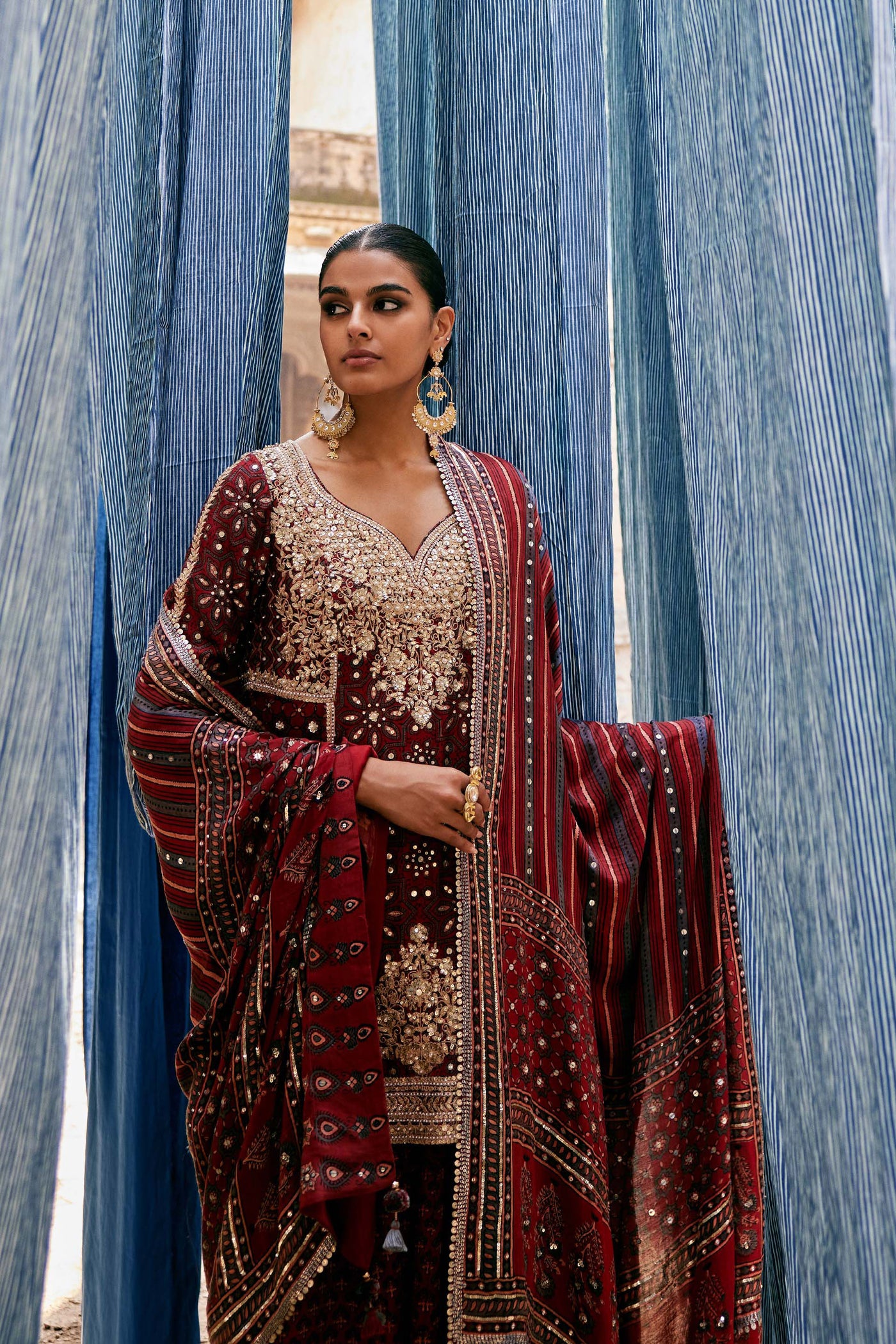 Anita Dongre Kirsa Ajrakh Hand-block Printed Silk Sharara Set Red indian designer wear online shopping melange singapore