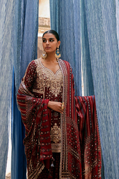 Anita Dongre Kirsa Ajrakh Hand-block Printed Silk Sharara Set Red indian designer wear online shopping melange singapore