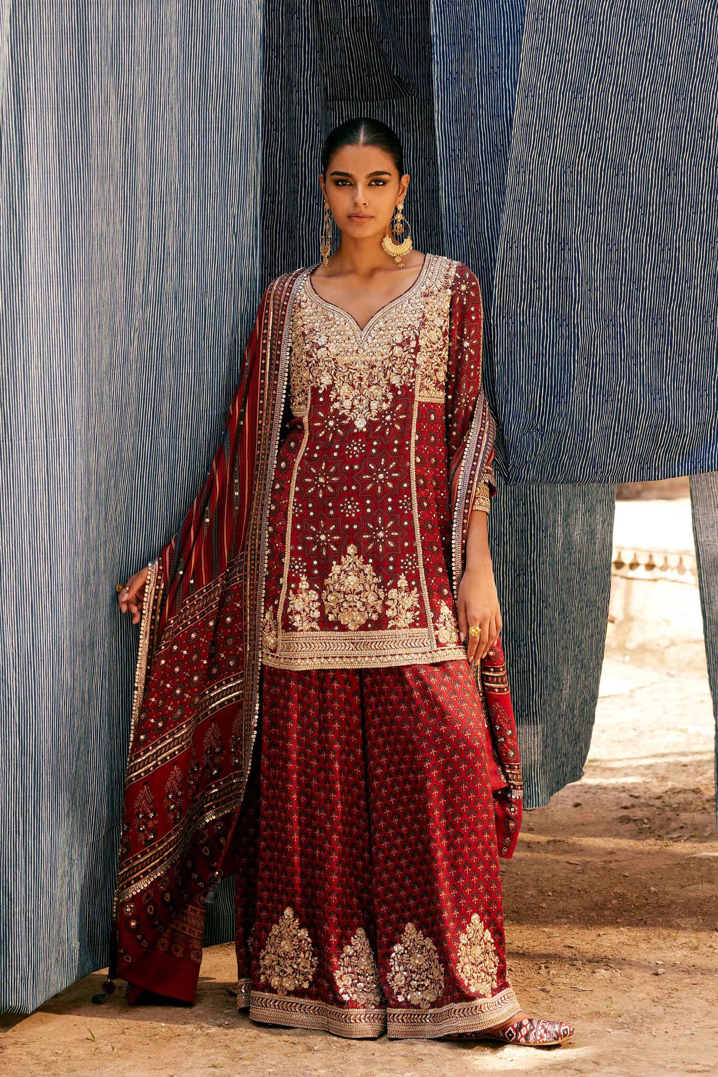 Anita Dongre Kirsa Ajrakh Hand-block Printed Silk Sharara Set Red indian designer wear online shopping melange singapore