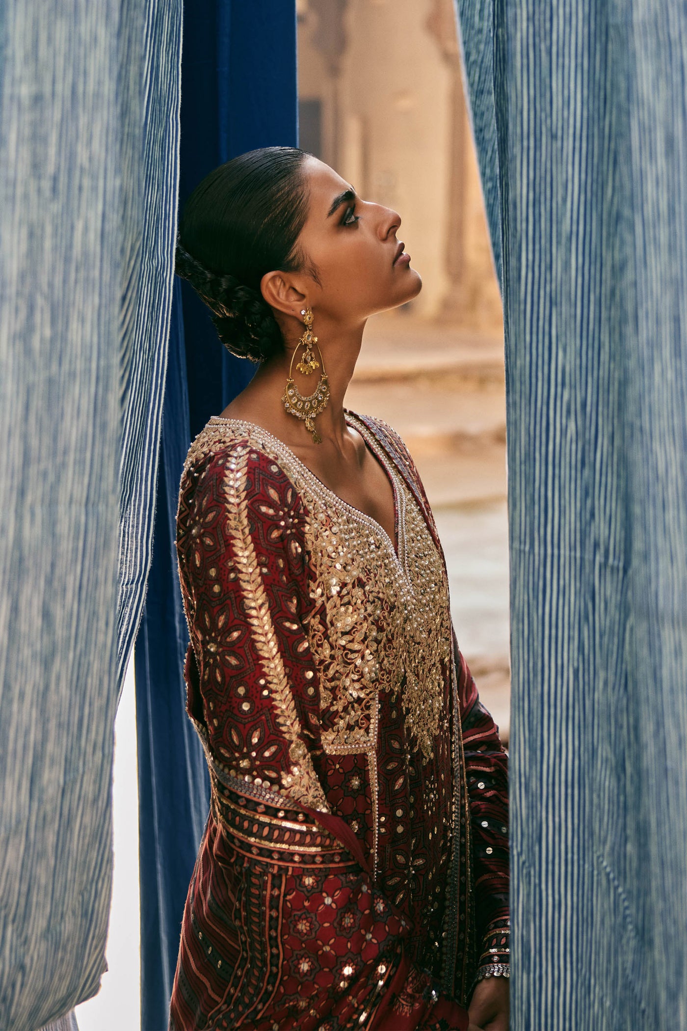 Anita Dongre Kirsa Ajrakh Hand-block Printed Silk Sharara Set Red indian designer wear online shopping melange singapore