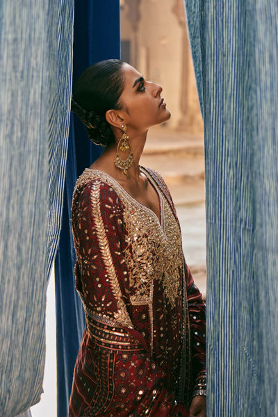 Anita Dongre Kirsa Ajrakh Hand-block Printed Silk Sharara Set Red indian designer wear online shopping melange singapore