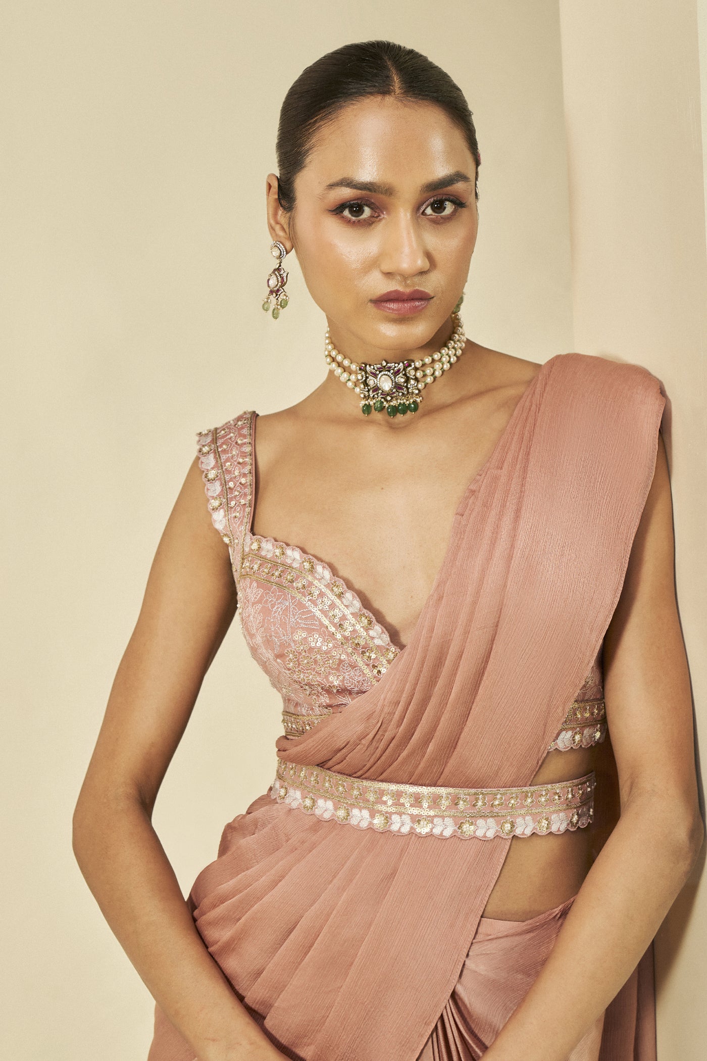 Anita Dongre Lesedei Embroidered Pre-draped Chiffon Saree Old Rose indian designer wear online shopping melange singapore