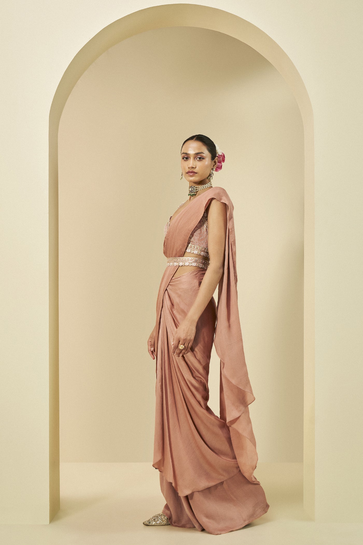 Anita Dongre Lesedei Embroidered Pre-draped Chiffon Saree Old Rose indian designer wear online shopping melange singapore