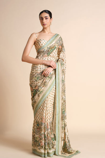 Anita Dongre Liana Printed Silk Saree Ivory indian designer wear online shopping melange singapore
