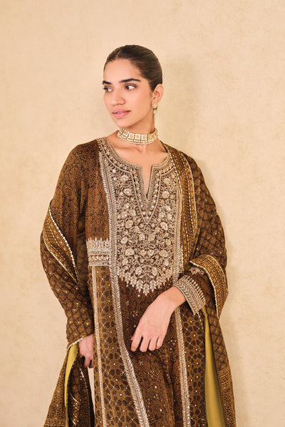 Anita Dongre Marfa Ajrakh Hand-block Printed Silk Suit Set Olive
 indian designer wear online shopping melange singapore
