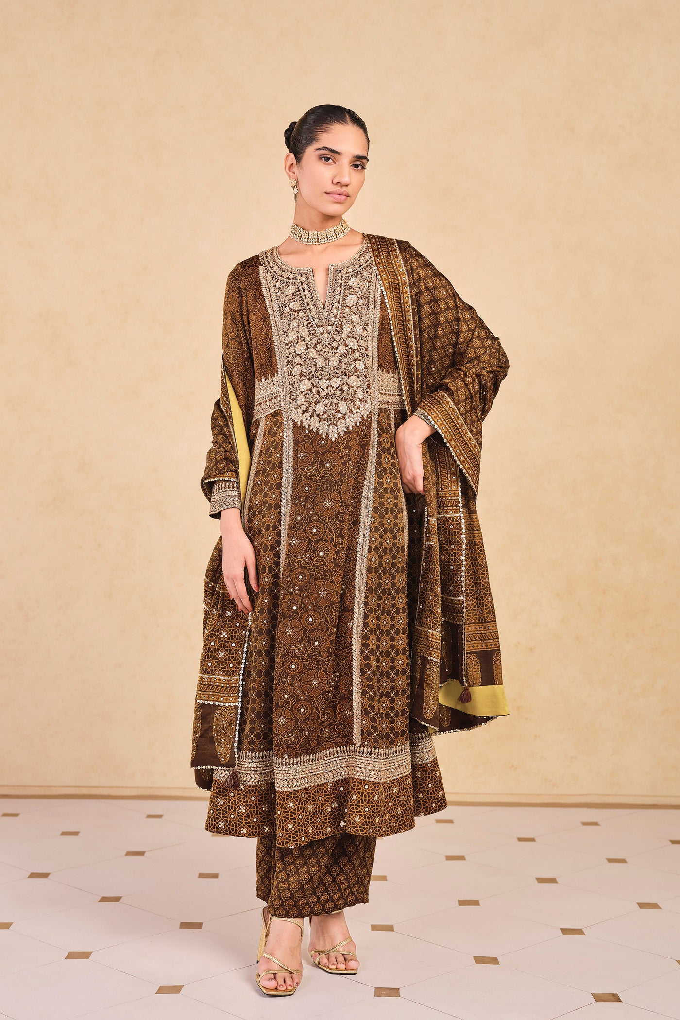 Anita Dongre Marfa Ajrakh Hand-block Printed Silk Suit Set Olive
 indian designer wear online shopping melange singapore

