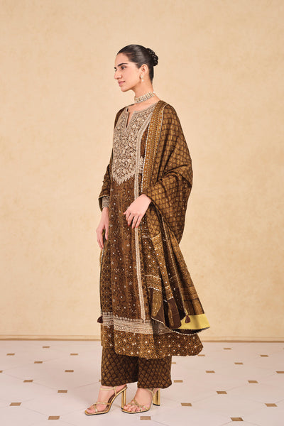 Anita Dongre Marfa Ajrakh Hand-block Printed Silk Suit Set Olive
 indian designer wear online shopping melange singapore
