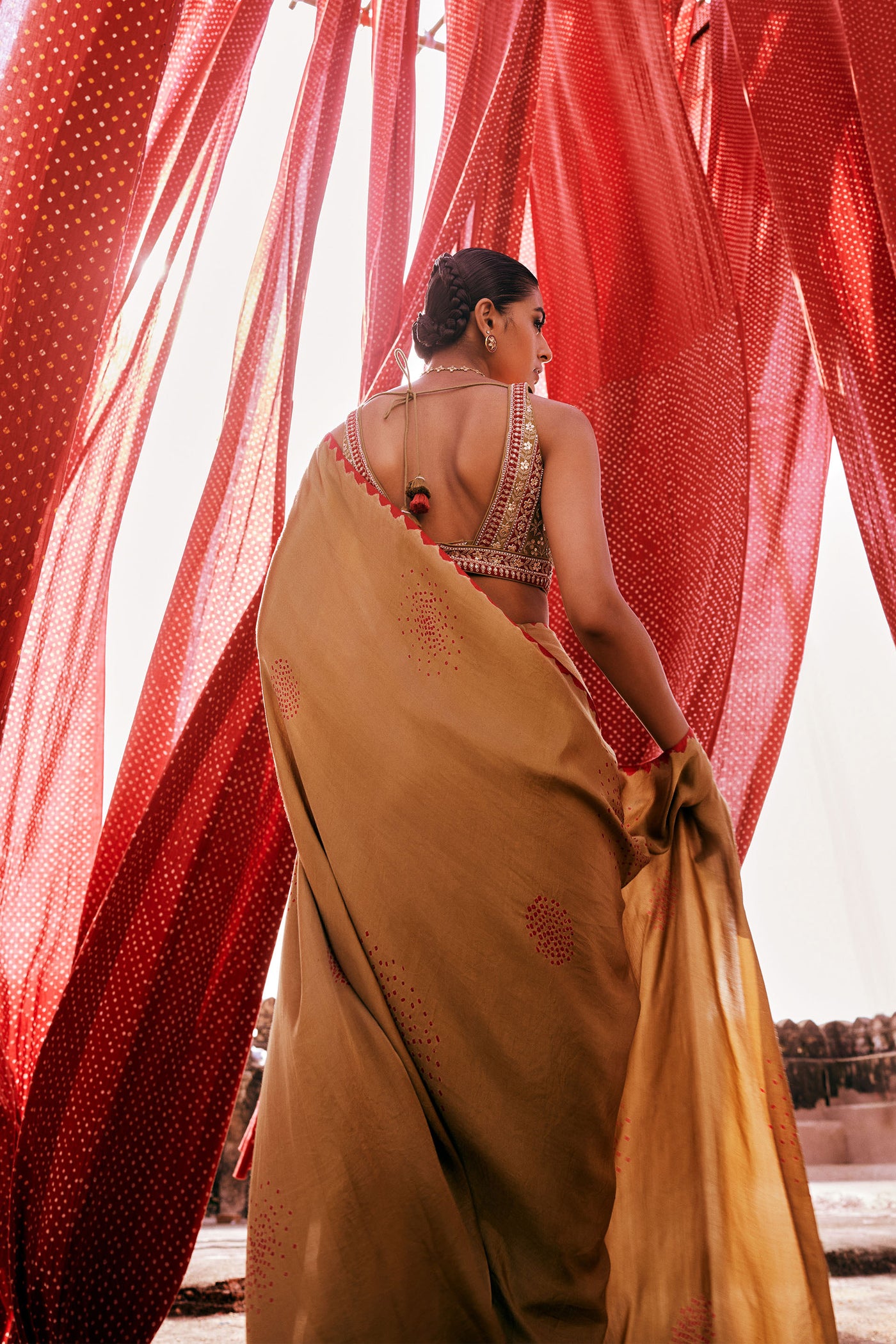 Anita Dongre Maywa Handcrafted Bandhani Silk Pre-draped Saree Olive indian designer wear online shopping melange singapore