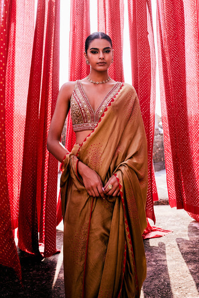 Anita Dongre Maywa Handcrafted Bandhani Silk Pre-draped Saree Olive indian designer wear online shopping melange singapore