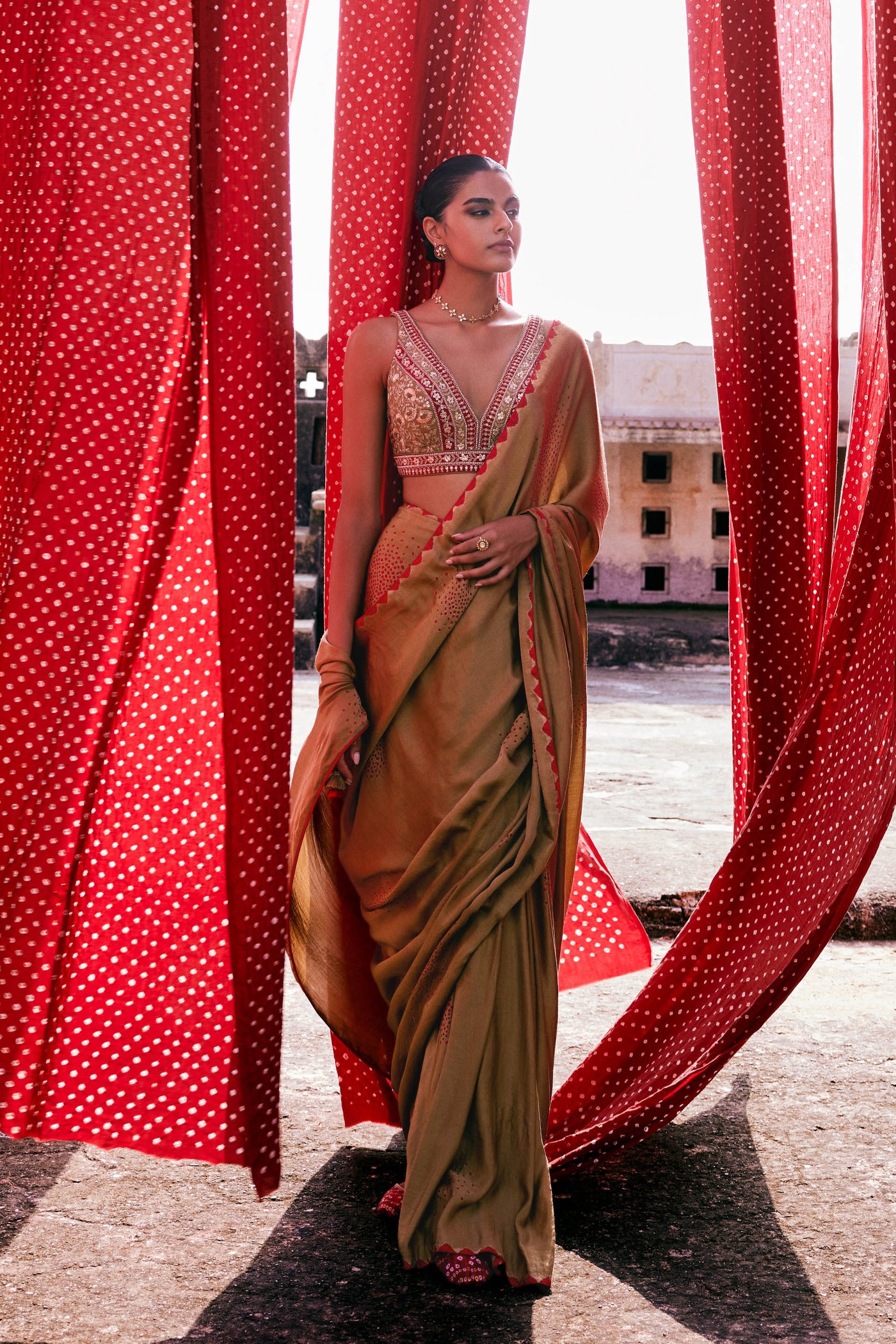 Anita Dongre Maywa Handcrafted Bandhani Silk Pre-draped Saree Olive indian designer wear online shopping melange singapore
