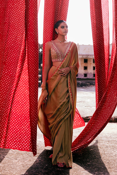 Anita Dongre Maywa Handcrafted Bandhani Silk Pre-draped Saree Olive indian designer wear online shopping melange singapore
