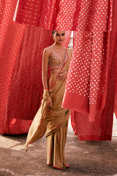 Anita Dongre Maywa Handcrafted Bandhani Silk Pre-draped Saree Olive indian designer wear online shopping melange singapore