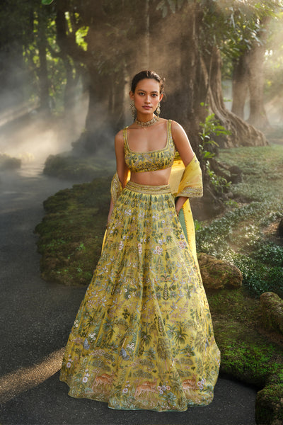 Anita Dongre Meadowlark Hand-painted Pichhwai Silk Lehenga Set Yellow indian designer wear online shopping melange singapore