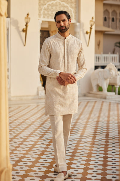 Anita Dongre Menswear Adyant Embroidered Silk Kurta Cream indian designer wear online shopping melange singapore