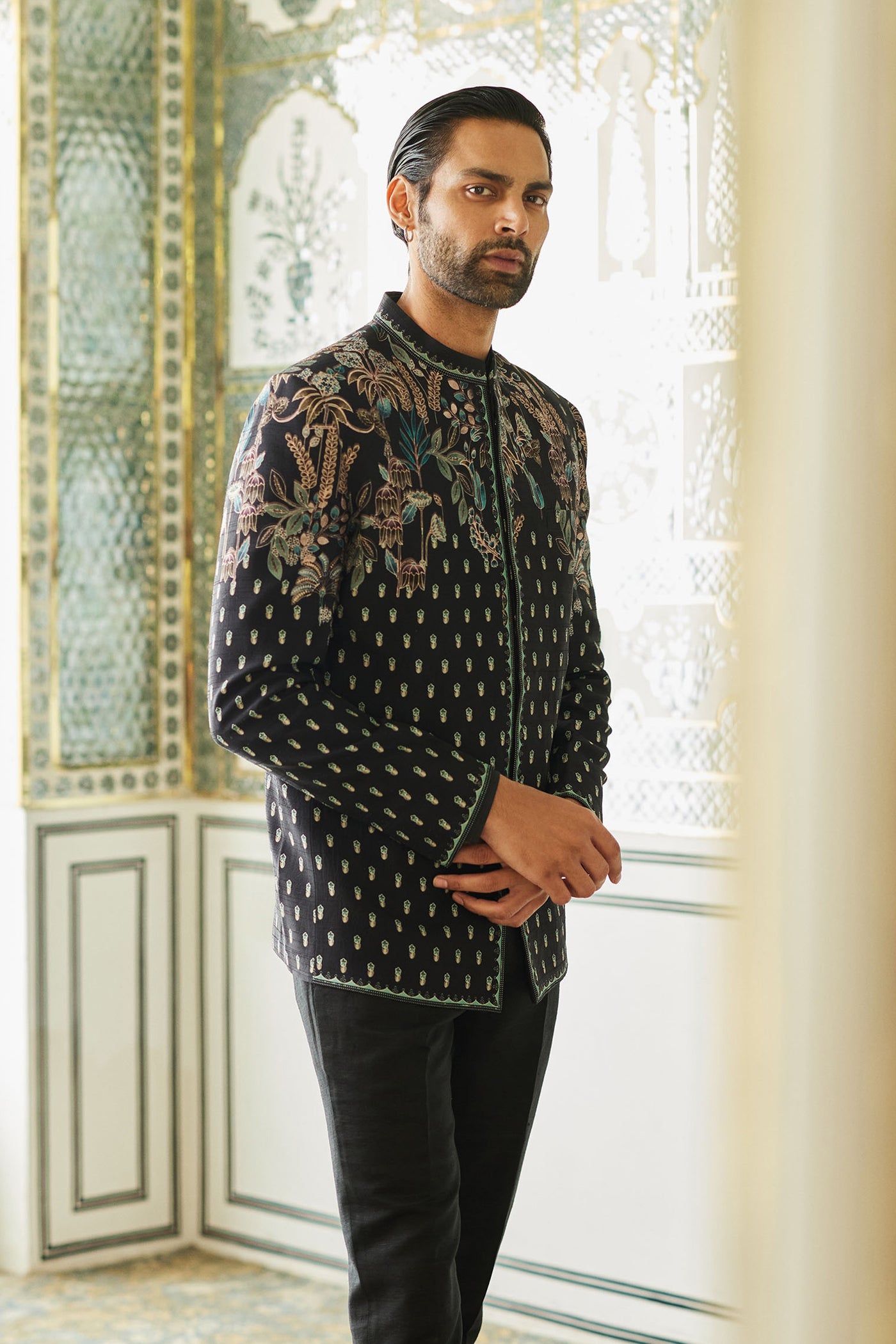 Anita Dongre Menswear Amdur Silk Bandhgala Black indian designer wear online shopping melange singapore