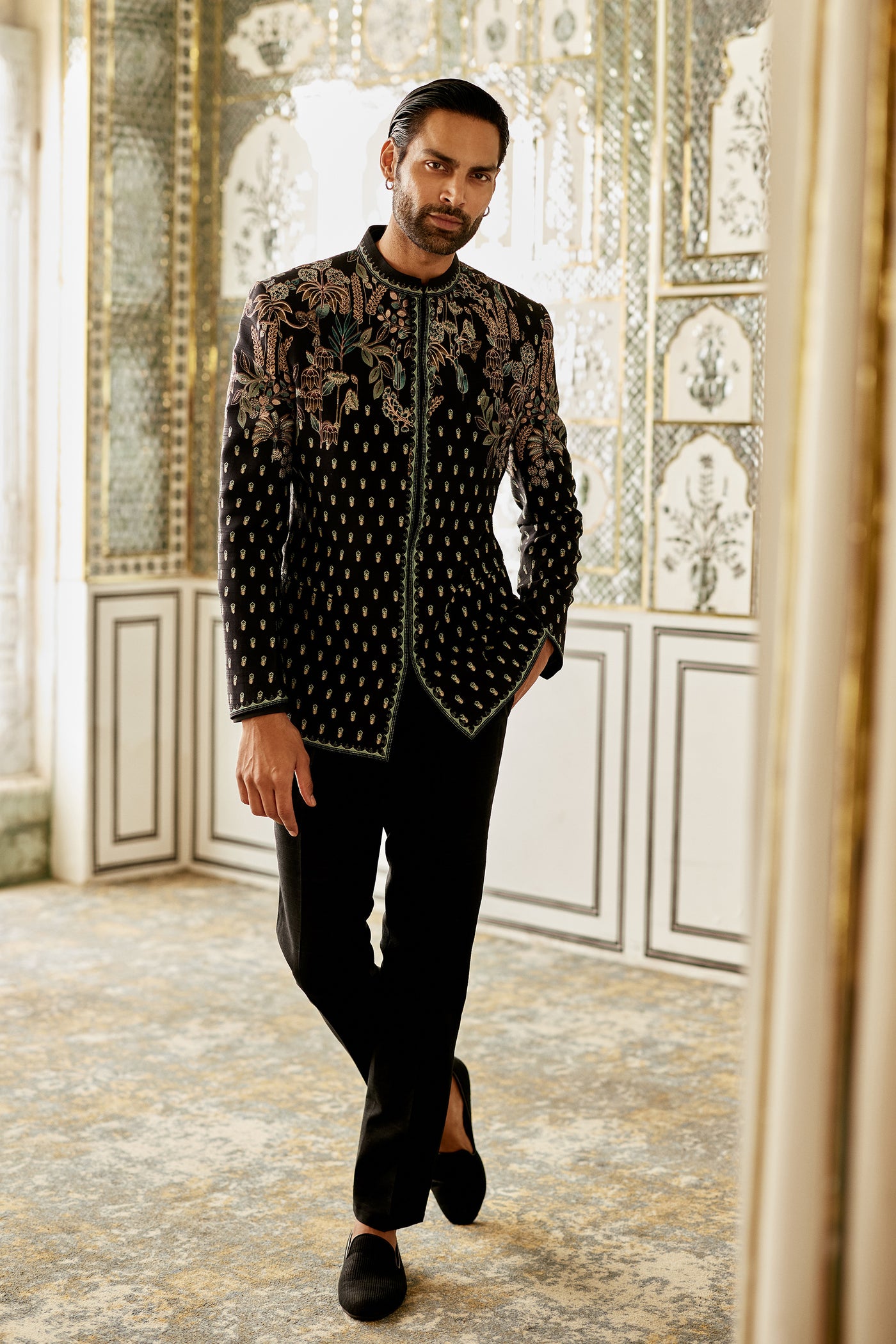 Anita Dongre Menswear Amdur Silk Bandhgala Black indian designer wear online shopping melange singapore