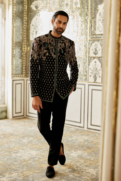 Anita Dongre Menswear Amdur Silk Bandhgala Black indian designer wear online shopping melange singapore