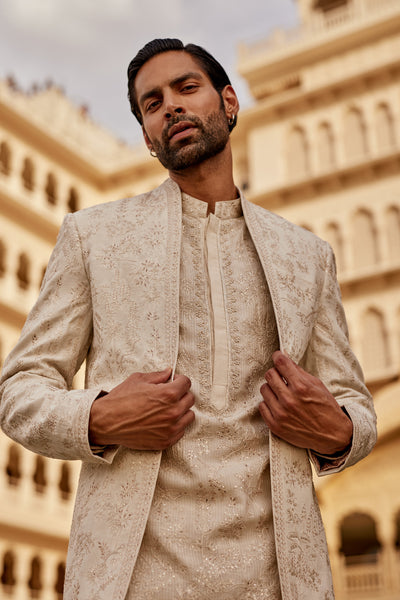 Anita Dongre Menswear Areez Embroidered Silk Sherwani Cream indian designer wear online shopping melange singapore
