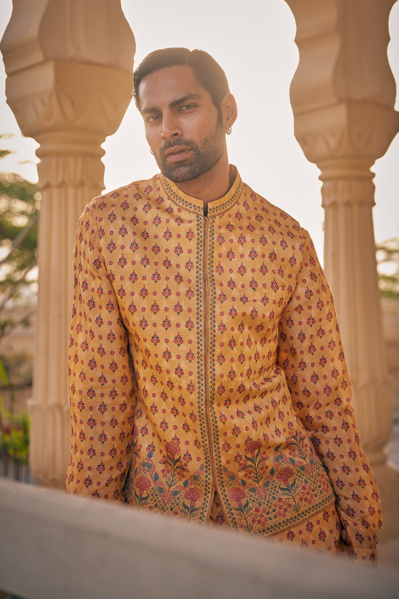 Anita Dongre Menswear Ashmayu Nehru Jacket Mustard indian designer wear online shopping melange singapore