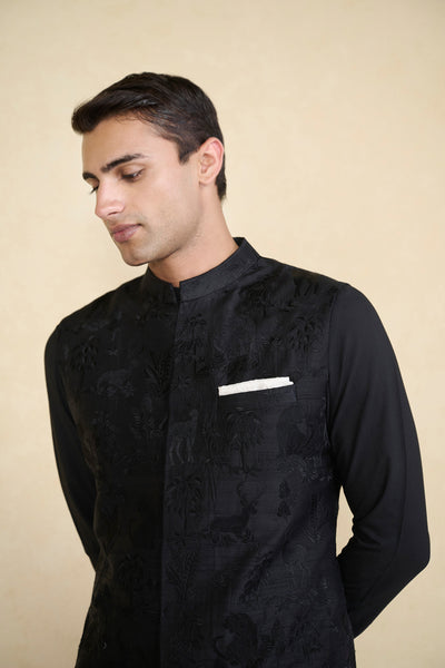 Atik Embroidered Silk Nehru Jacket Black