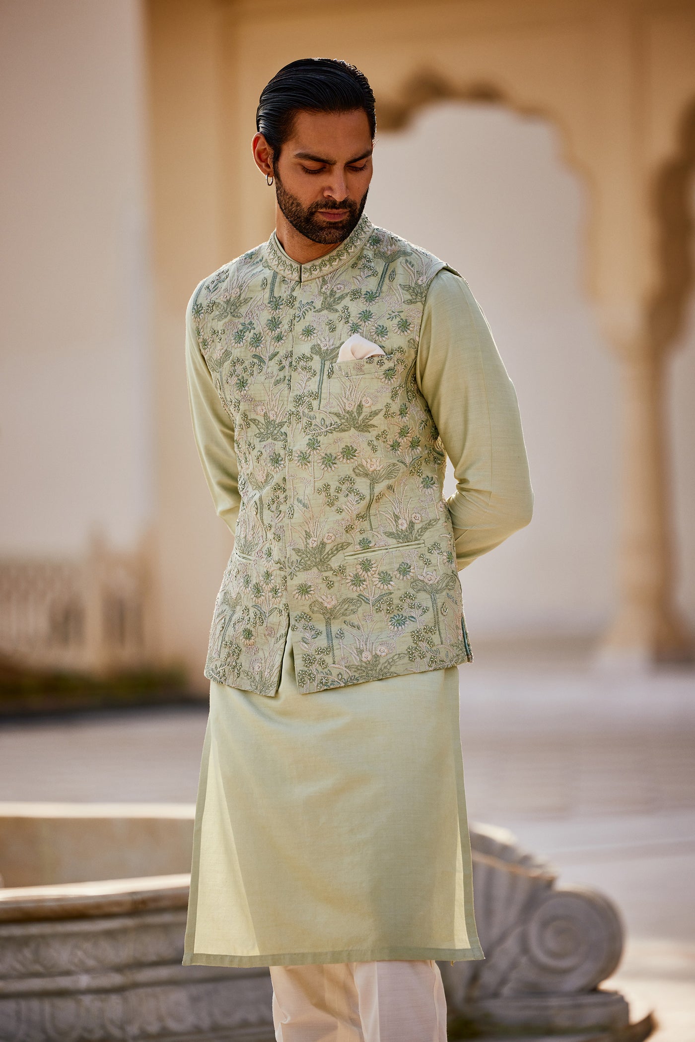 Anita Dongre Menswear Balfour Embroidered Silk Nehru Jacket Sage indian designer wear online shopping melange singapore