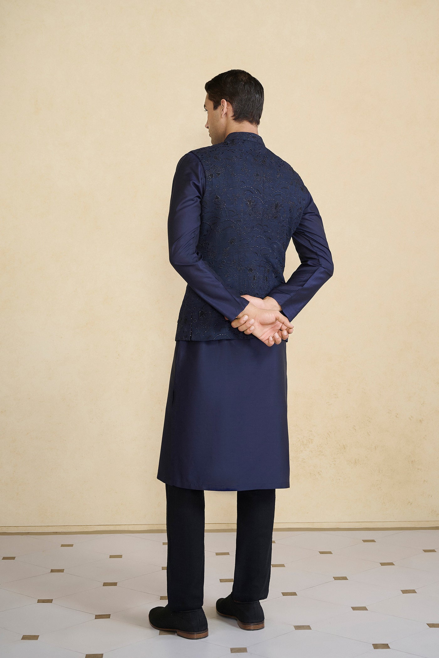Anita Dongre Menswear Banshik Hand-embroidered Silk Nehru Jacket Navy indian designer wear online shopping melange singapore