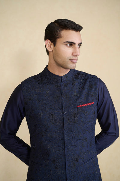 Anita Dongre Menswear Banshik Hand-embroidered Silk Nehru Jacket Navy indian designer wear online shopping melange singapore