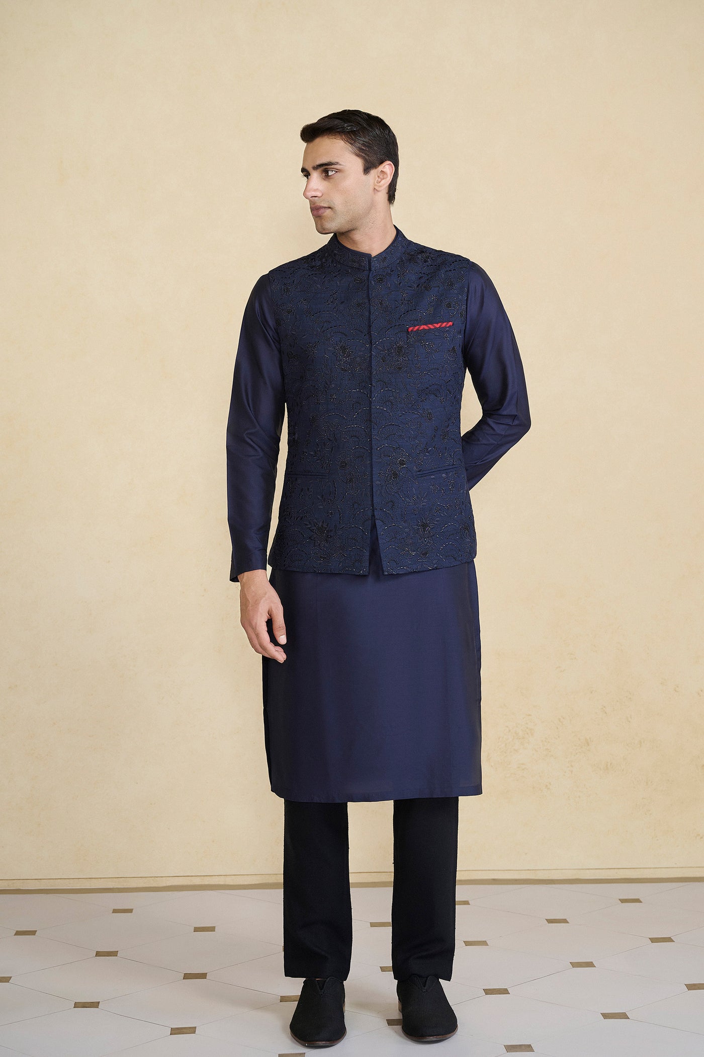 Anita Dongre Menswear Banshik Hand-embroidered Silk Nehru Jacket Navy indian designer wear online shopping melange singapore