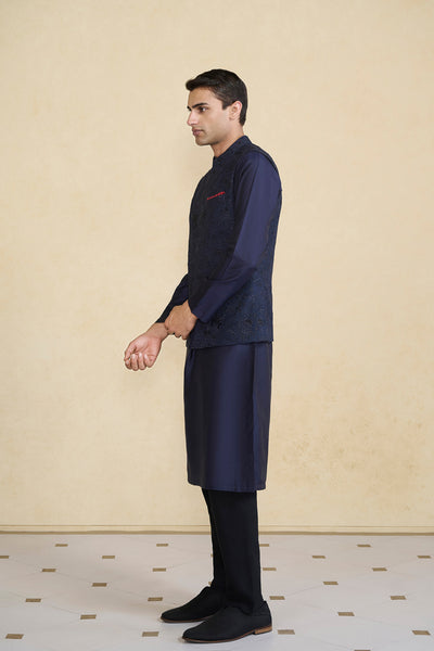 Anita Dongre Menswear Banshik Hand-embroidered Silk Nehru Jacket Navy indian designer wear online shopping melange singapore